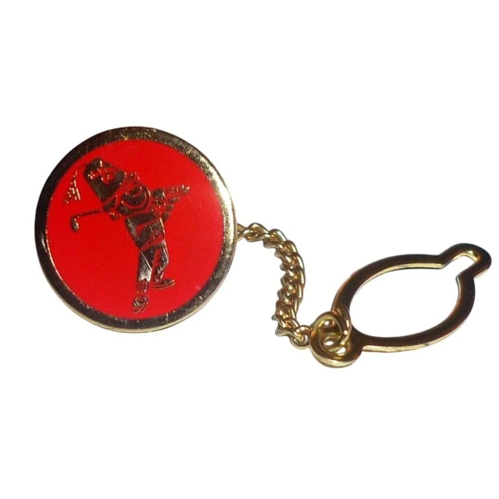 Vintage Golfer Tie Tac Pin Red Enamel Gold Tone Golf Swing Chain Button Loop